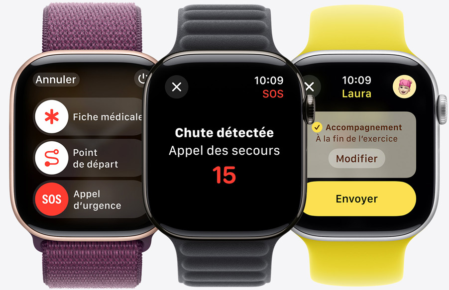 Une Apple Watch Series 10 affiche les curseurs d’appel d’urgence, de fiche médicale et de Point de départ. Une Apple Watch Series 10 affiche une notification de détection de chute. Une Apple Watch Series 10 est prête à envoyer un Accompagnement à quelqu’un.