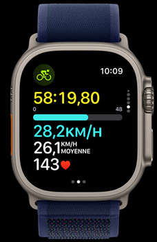 Une Apple Watch Ultra 2 montrant la vitesse à laquelle une personne roule sur son vélo.