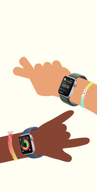 Illustration de deux mains d’enfants. Chaque enfant porte une Apple Watch SE. Cliquez sur le bouton Plus pour voir plus d’informations sur les fonctionnalités d’Apple Watch pour vos enfants.