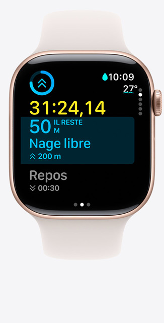 Vue de face d’une Apple Watch Series 10 montrant un écran Exercice personnalisé pour Nage en piscine où s’affichent des données de natation.