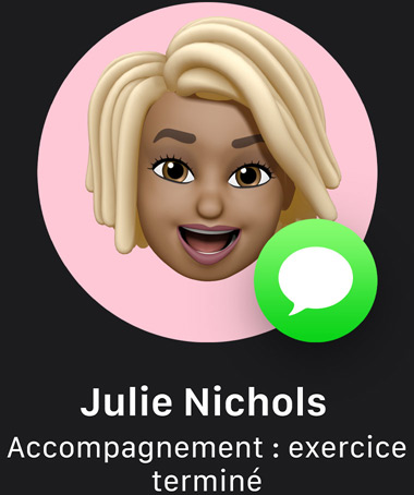 Un memoji avec l’icône Messages indiquant Accompagnement