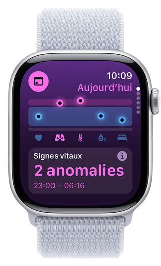 Écran d’Apple Watch affichant Signes vitaux nocturnes avec 2 anomalies