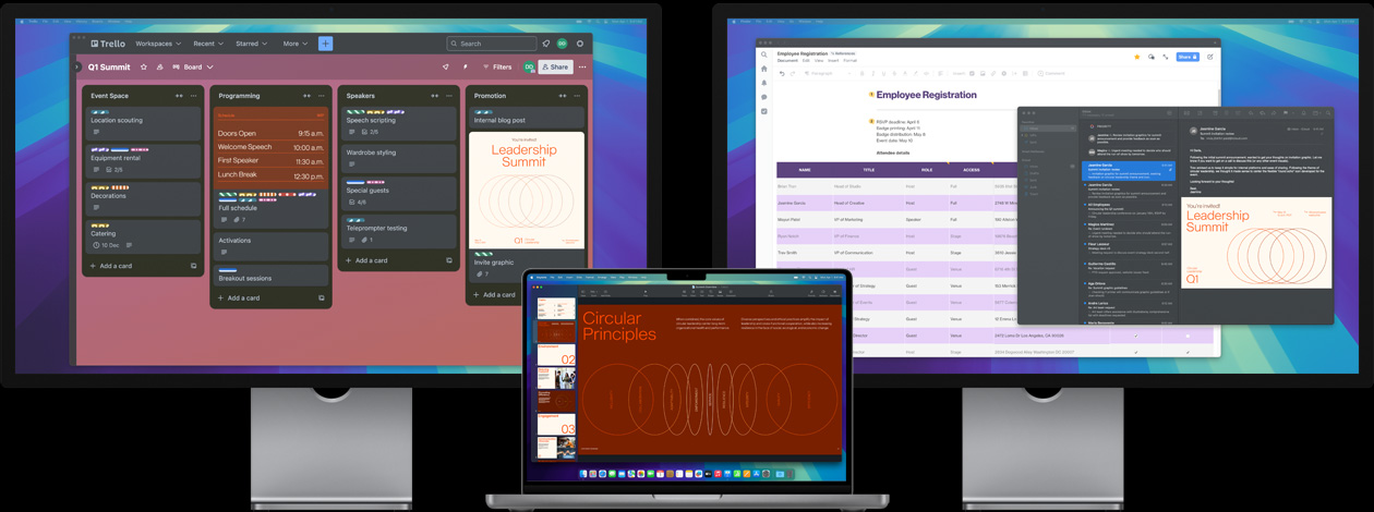 MacBook Pro με δύο Studio Displays — στην οθόνη, ένας χρήστης προετοιμάζεται για μια διάσκεψη κορυφής, παρακολουθώντας τις εργασίες του στο app Trello, προετοιμάζοντας μια παρουσίαση και ελέγχοντας τα αρχεία σχεδιασμού μέσω email