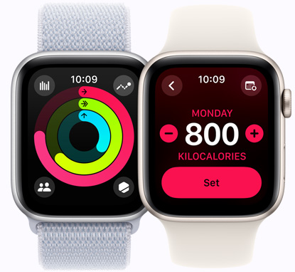 Two Apple Watch SE devices displaying Activity screens showing Activity ring and calorie goals