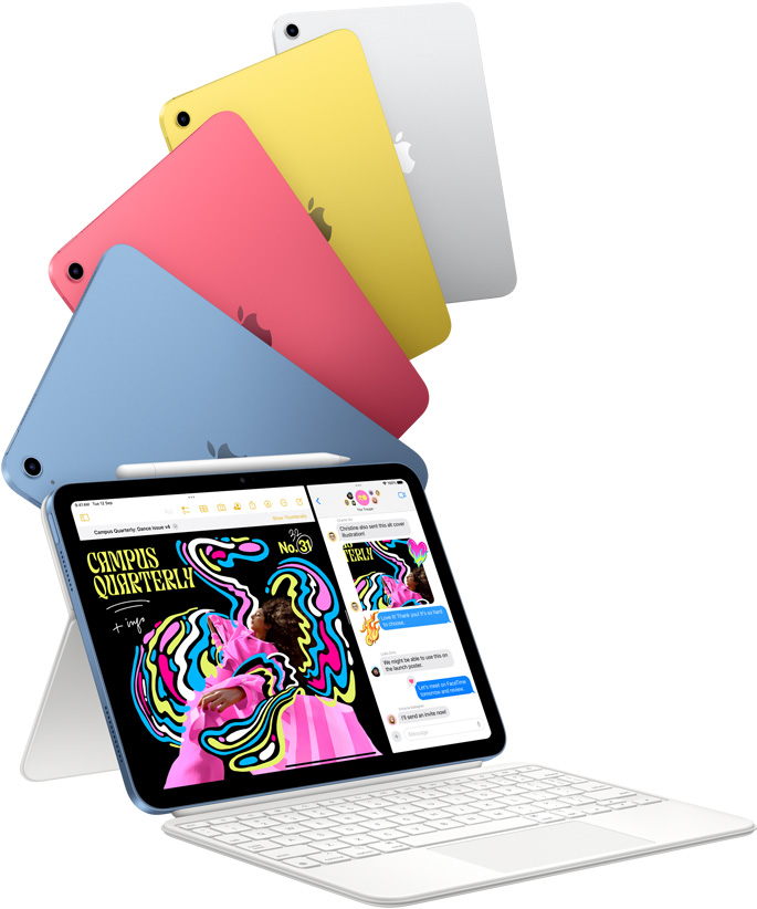 iPad in blue, pink, yellow, and silver colors and one iPad attached to the Magic Keyboard Folio.