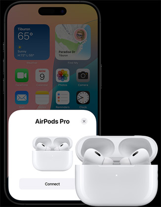 Otvorena kutijica za punjenje sa slušalicama AirPods 4 unutra, pored iPhonea koji pokazuje da su slušalice povezane.