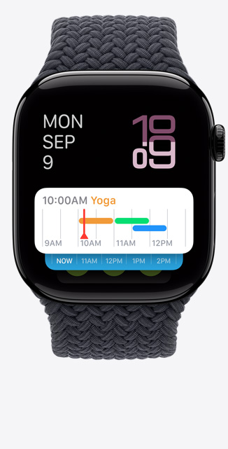 Tampilan depan layar Tumpukan Cerdas pada Apple Watch Series 10 yang memperlihatkan widget cuaca.