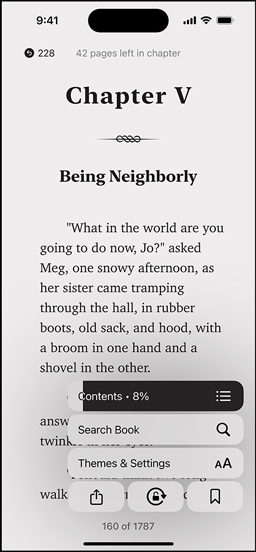 iPhone screen displaying a book page in the Books app. Overlaid on the book page, options for enlarging text, Search Book, and Themes & Settings on the screen are shown