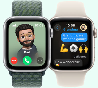 Two Apple Watches. One with a picture of dad calling. The other with a text to Grandma that says 'Grandma, we won the game.'