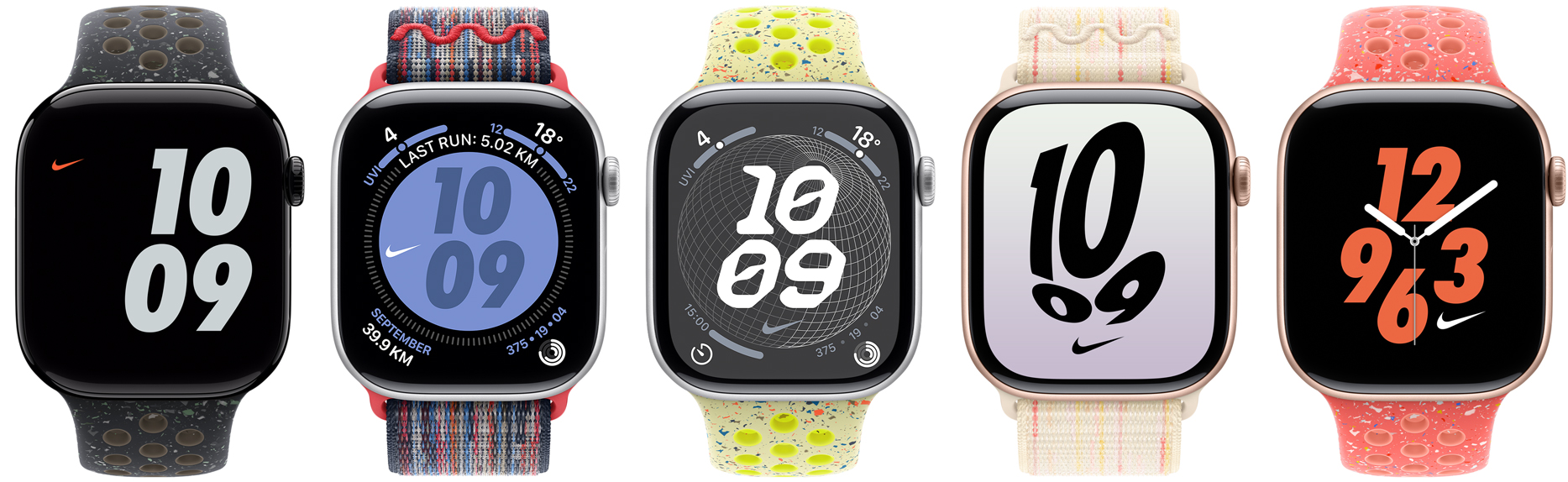 Five Apple Watch devices attached to Nike Sport Bands and Nike Sport Loops, showing Nike watch faces configured in various colours