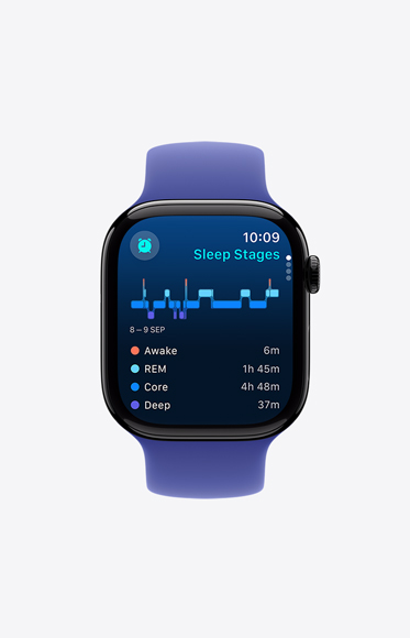 Sleep Stages within the Sleep app showing how much time someone spent awake and in REM, core, and deep sleep.