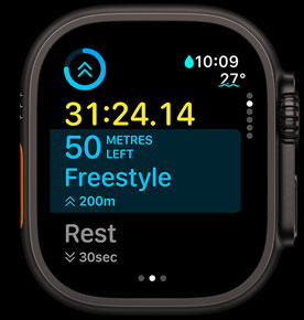 Whatʼs Up Next screen shows the distance left in a freestyle swim.