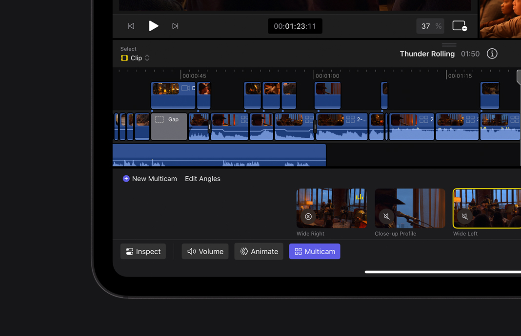 Switching angles in the Magnetic Timeline in Final Cut Pro for iPad on iPad Pro.