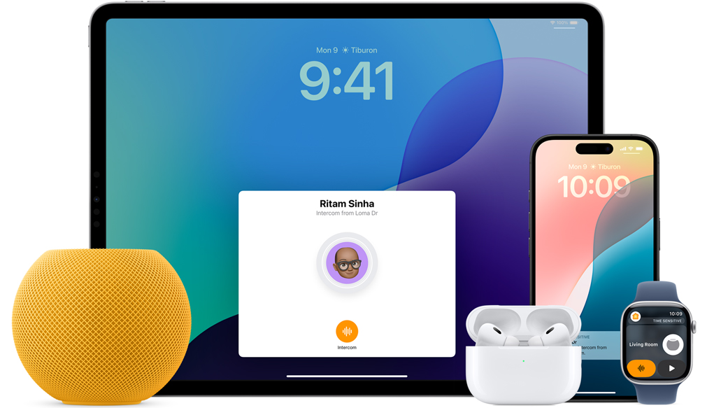 Yellow HomePod mini, an iPad, AirPods in a case, an iPhone and an Apple Watch with a denim sport strap are arranged.