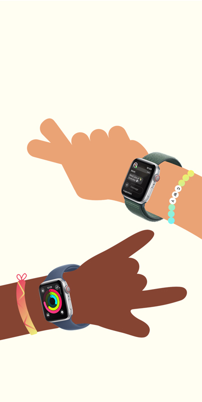 Illustration of two children’s hands. Each is wearing an Apple Watch SE.