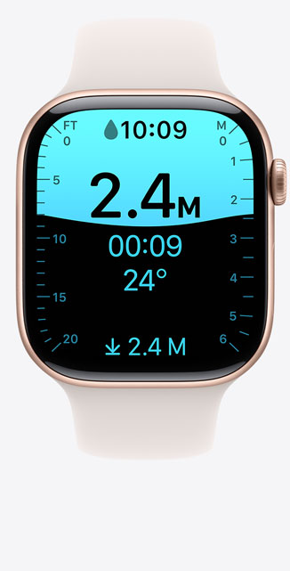 Front view of a Depth app screen on Apple Watch Series 10 showing a dive to 9 feet.