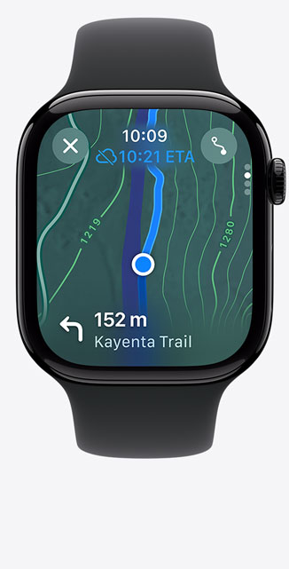 Front view of a Maps screen on Apple Watch Series 10 showing a hiking route map.