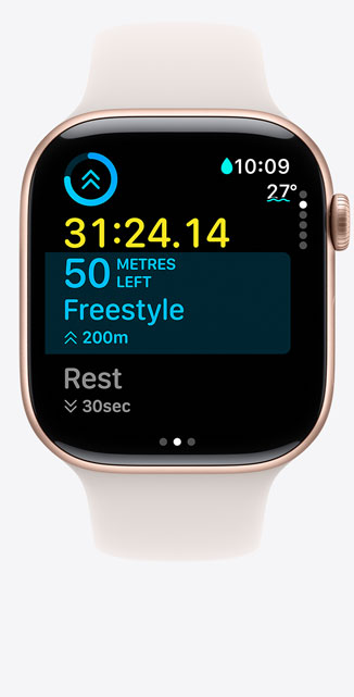 Front view of an Apple Watch Series 10 showing a Custom Workout screen for Pool Swim with swimming metrics onscreen.