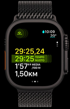 Apple Watch Ultra 2 showing the swim duration, pace, and distance as part of the Multisport feature.