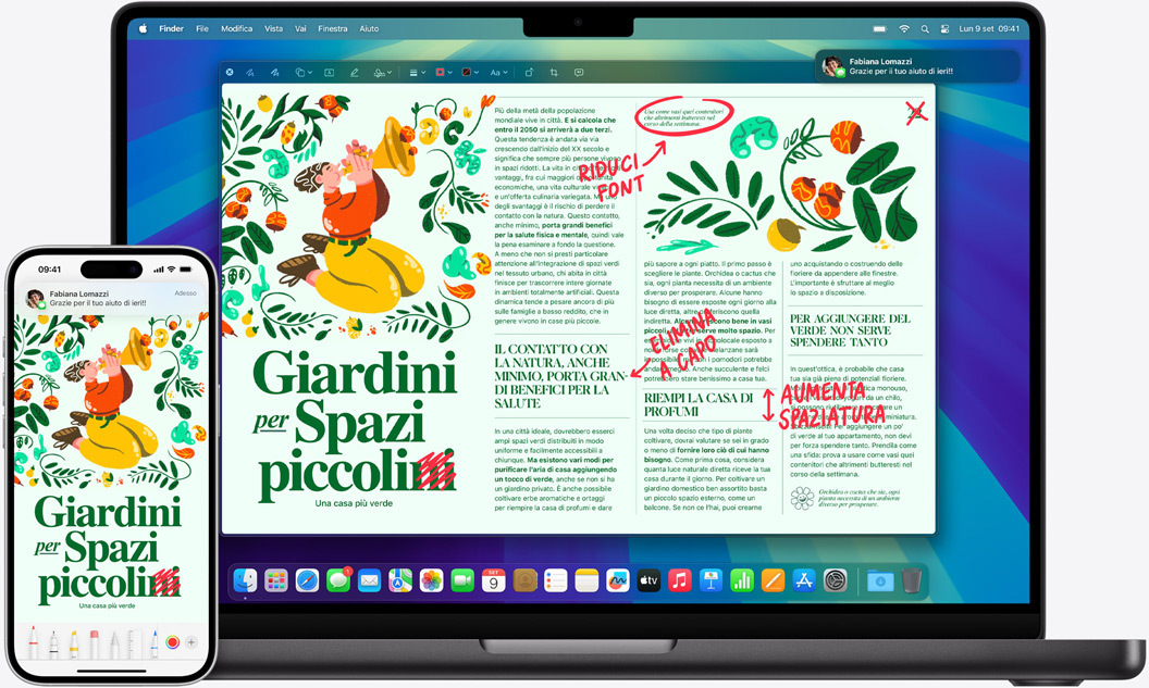 Gli stessi messaggi aperti su un MacBook Pro e su un iPhone 16.