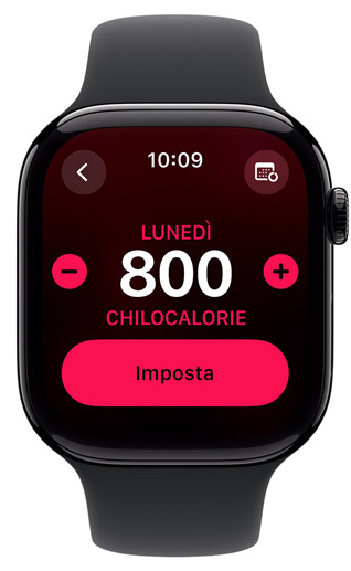 Un Apple Watch che mostra sul display un obiettivo Movimento di 800 calorie per la giornata di lunedì.