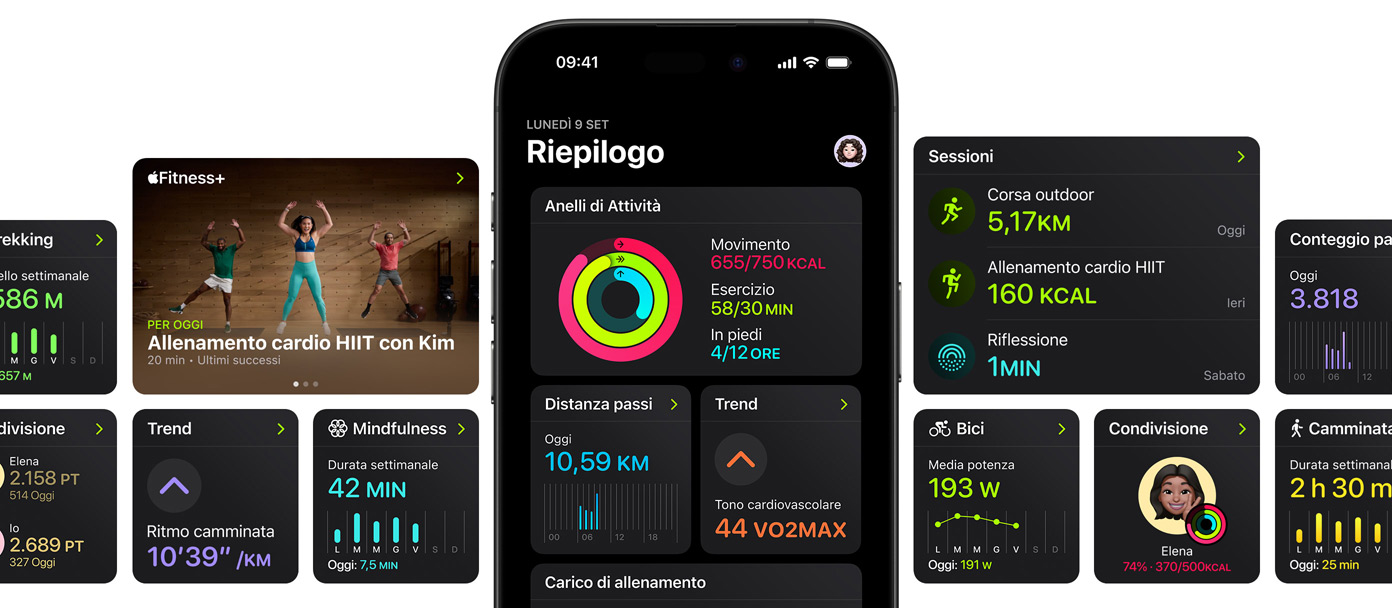 Un iPhone al centro di diverse schermate con le opzioni di personalizzazione per la pagina di Riepilogo nell'app Fitness.