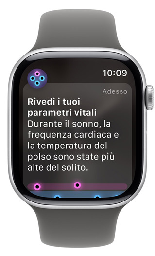 Un Apple Watch che mostra sul display l’avviso “Controlla i tuoi parametri vitali”