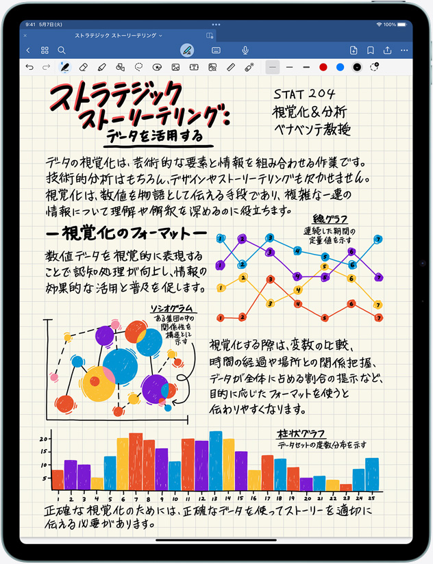 縦向きのiPad Air。画面にメモと画像が表示されている