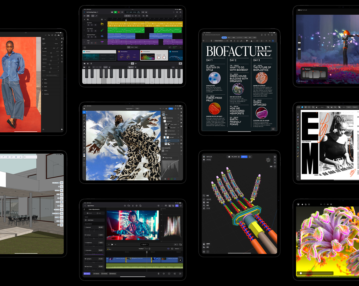 異なるアプリが表示された10台のiPad Pro。表示されているのは、Adobe Lightroom iPad版、Trimble SketchUp、iPadのためのLogic Pro、Adobe Photoshop、iPadのためのFinal Cut Pro、Microsoft Word、Shapr3D、Procreate Dreams、Affinity Designer 2 iPad版、Octane X