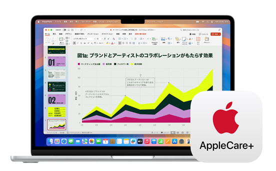 角帽を載せたMacBook Airの前にAppleCareプラスのロゴが表示されている。