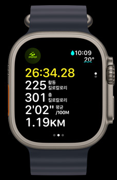 야외 수영 운동의 시간, 칼로리, 페이스가 표시된 Apple Watch Ultra 2의 모습.