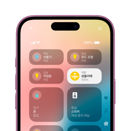 핑크 색상 iPhone 16의 잠금 화면을 사용자화한 모습