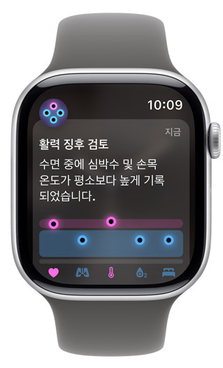 “활력 징후 검토”를 표시 및 경고하는 Apple Watch 화면