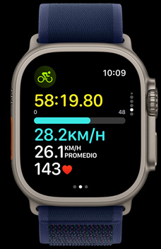 Un Apple Watch Ultra 2 muestra la velocidad de un entrenamiento en bicicleta.