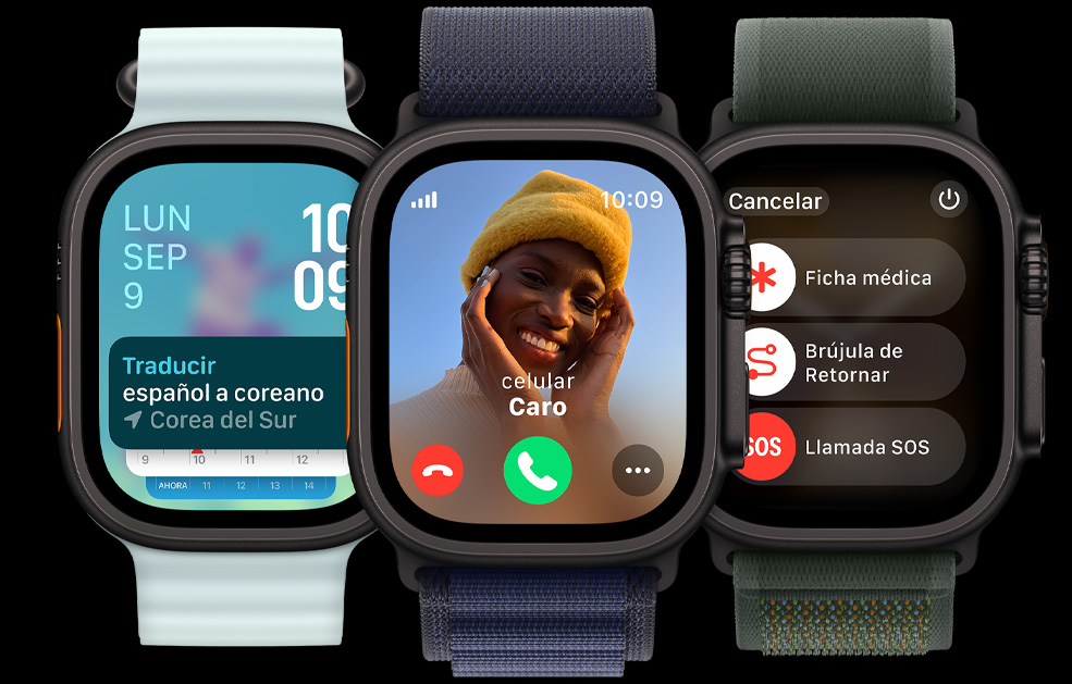 Tres pantallas del Apple Watch Ultra. Una con la app Traducir, otra con una llamada entrante y la última con los íconos de Ficha Médica, Retornar y Llamada SOS.