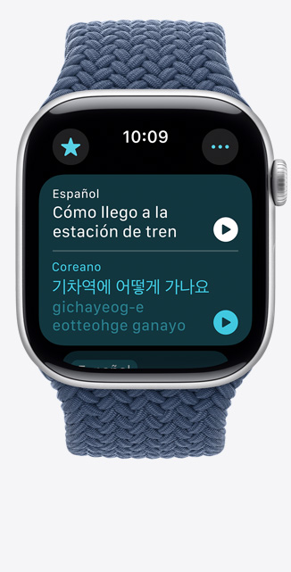 Pantalla de un Apple Watch Series 10 que muestra la app Traducir con una frase en español traducida al coreano.