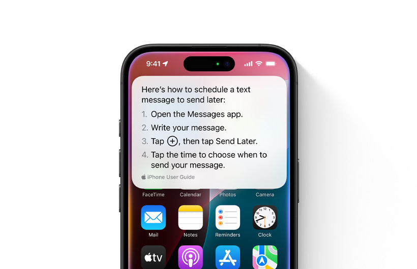 An iPhone is shown with step-by-step guidelines on how to schedule a text message to send later