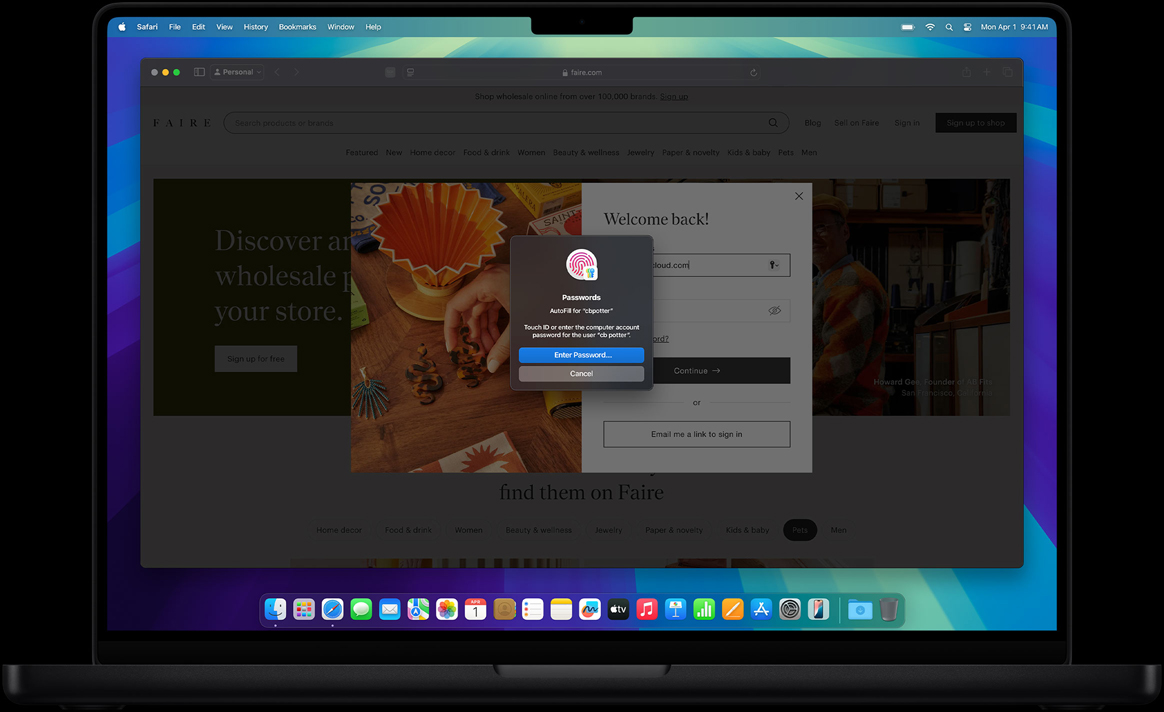 While browsing in Safari, a user is prompted to use Touch ID to sign into a website