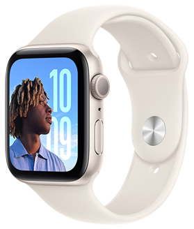 Une Apple Watch SE placée au-dessus des finitions disponibles : aluminium minuit, aluminium lumière stellaire et aluminium argent.