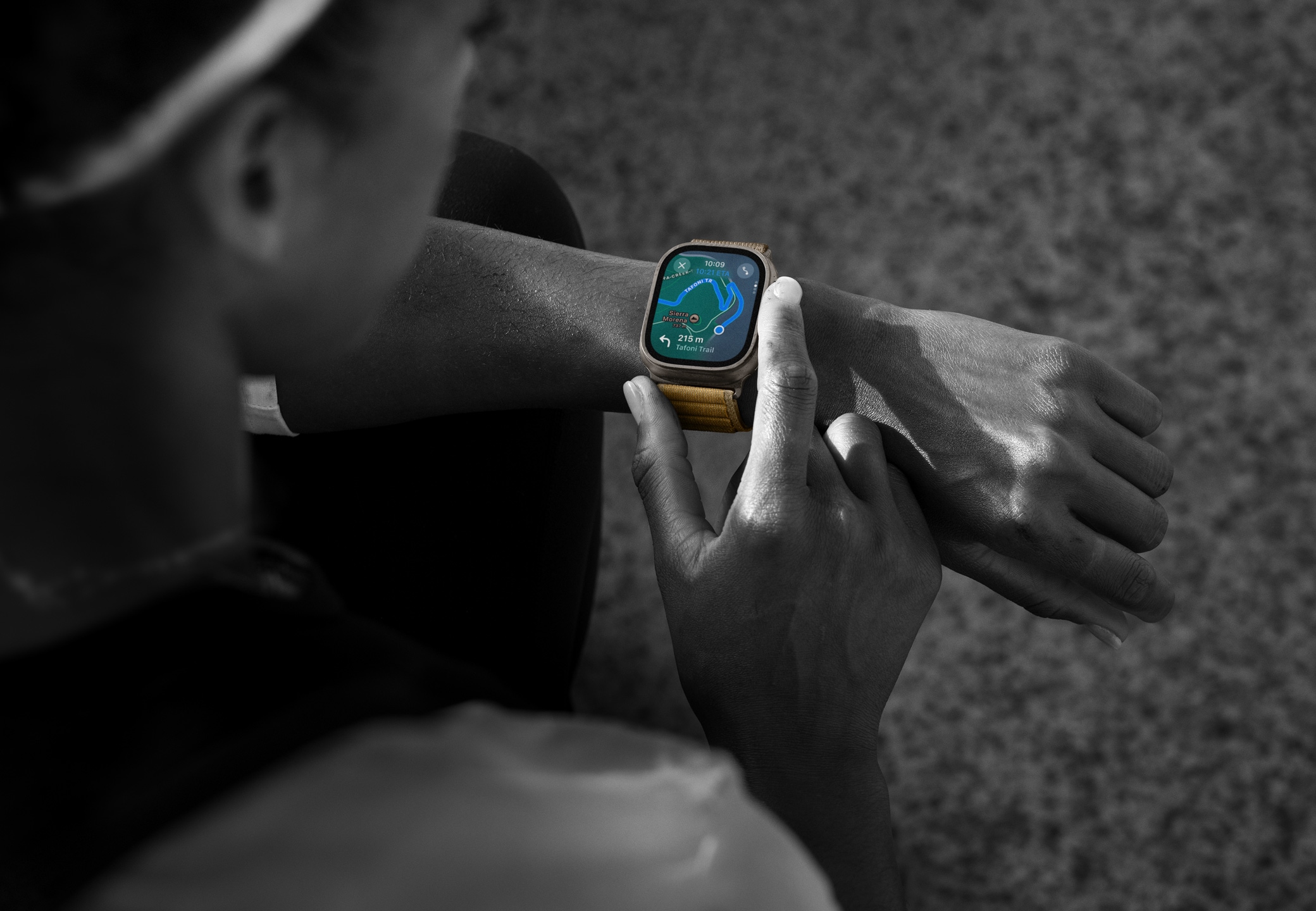 A hiker with the maps on their Apple Watch Ultra 2 providing directions.