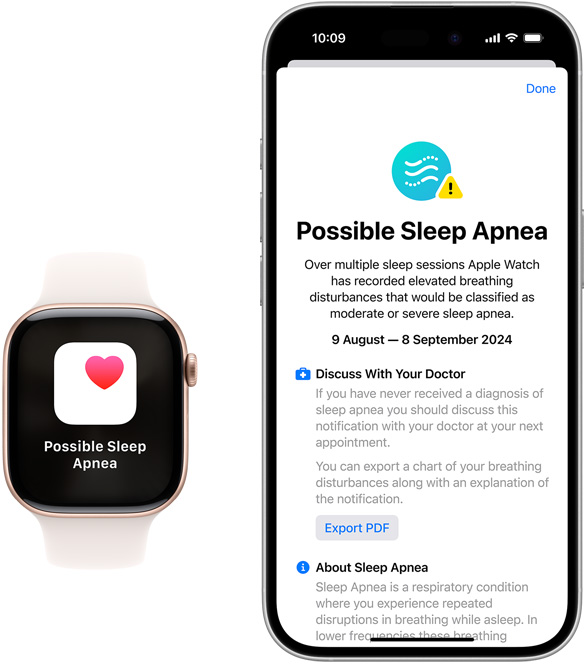 Apple Watch and iPhone devices displaying Possible Sleep Apnea notifications in the Health app.