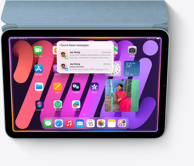 iPad mini attached to Smart Folio, iPad mini screen displays contextual search with Siri, a new Apple Intelligence feature.