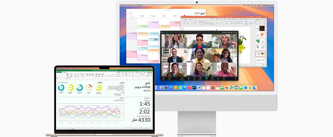 Front view of a MacBook Air showing Microsoft Excel and a front view of iMac showing Zoom, Calendar, and Microsoft Powerpoint.