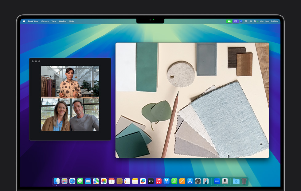 A video call using the Desk View feature, displaying a view of the user’s workspace