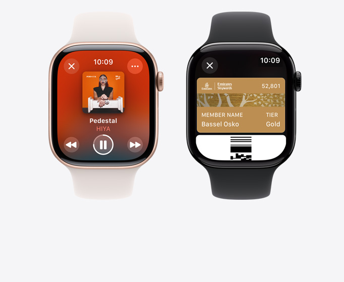 Front view of an Apple Watch Ultra 2 and Apple Watch Series 10 showing music playing and the Apple Card.