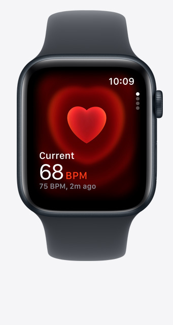 Front view of the Heart Rate app screen on Apple Watch Series 10 showing current beats per minute at 68.