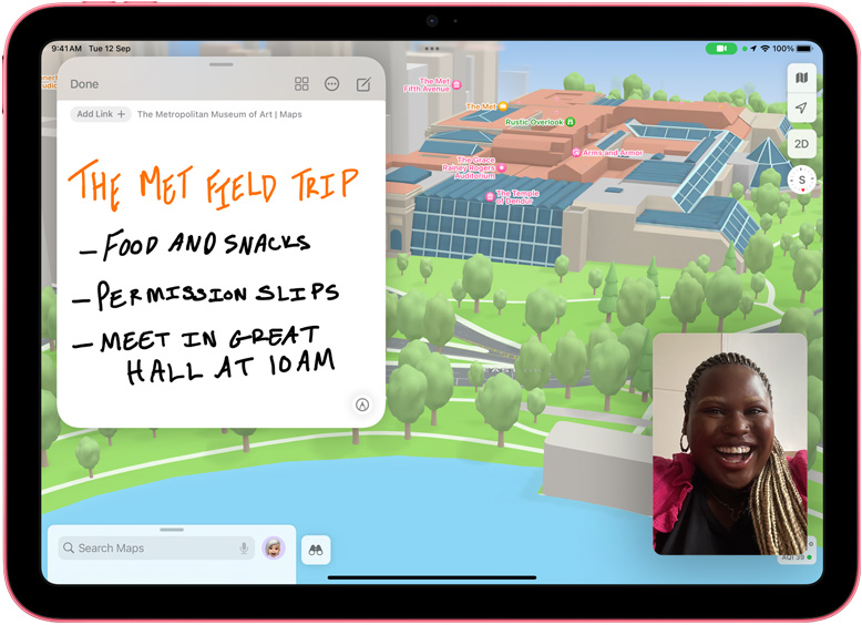 iPad 畫面顯示地圖 app 內的快速備忘錄，以及 FaceTime 通話縮圖。