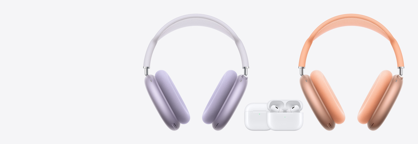 左右兩側是 AirPods Max，置中的是 AirPods 4 及 AirPods Pro 2。