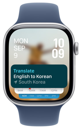 Apple Watch 螢幕顯示智慧型疊放中的翻譯 app 小工具。