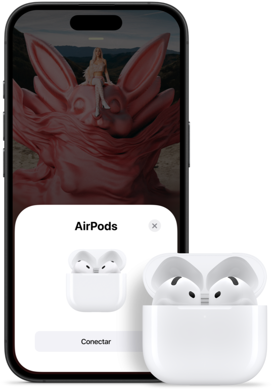 Animación de un estuche de carga abierto con los AirPods 4 en su interior junto a un iPhone que muestra que los audífonos se han conectado.